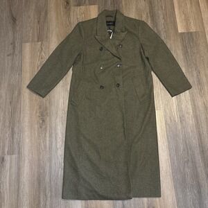 Banana Republic Coat Women Large Petite Green Herringbone Wool Blend Trench Long